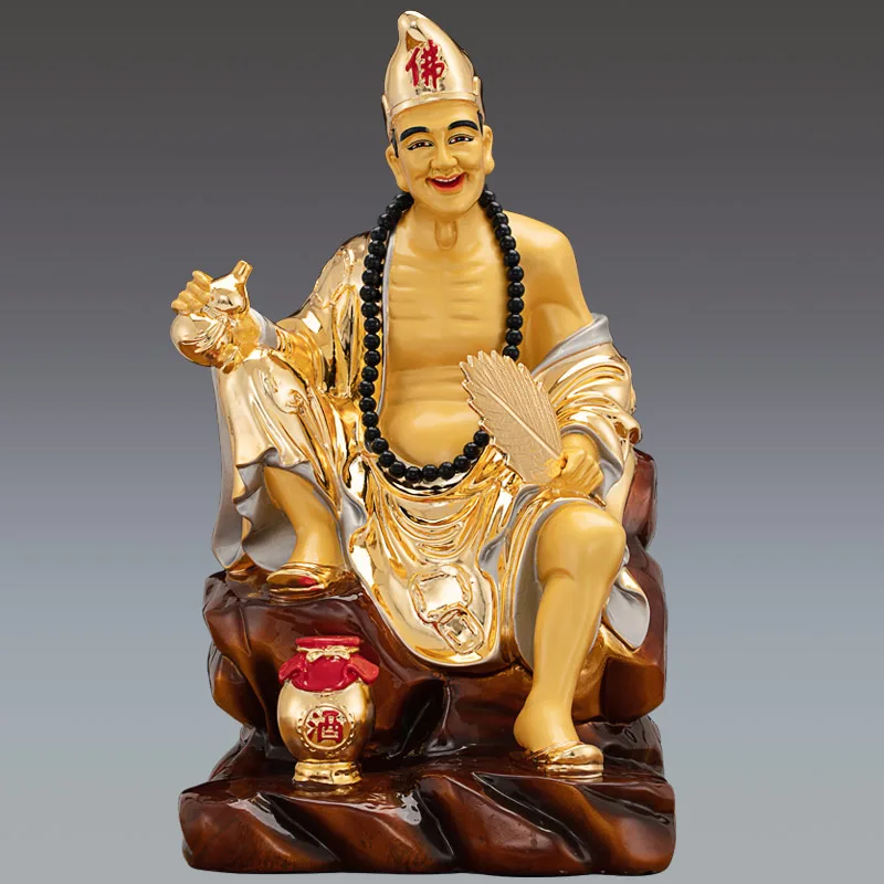 Statue Ji Gong en bronze polychrome doré de 16 pouces