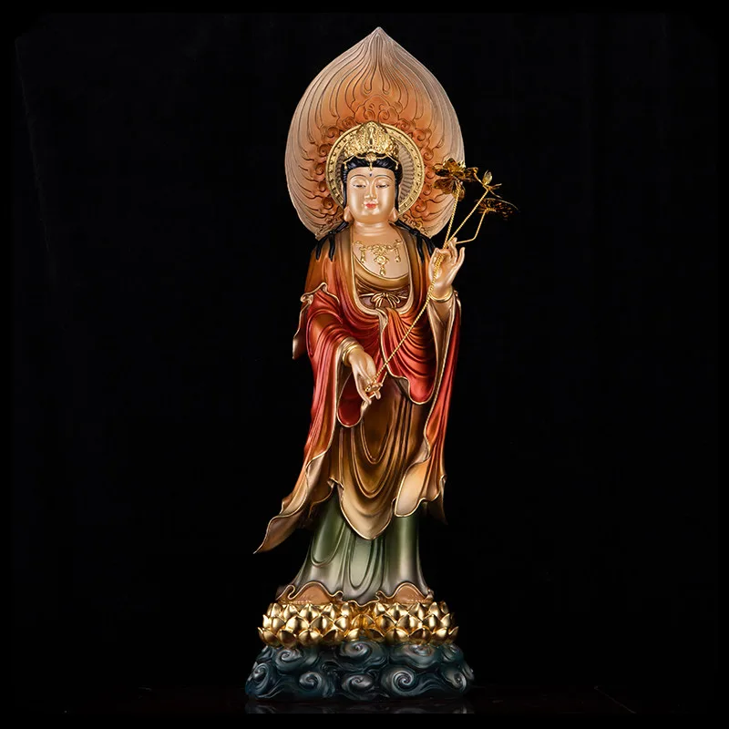Statue Mahasthamaprapta en laiton avec peinture minérale