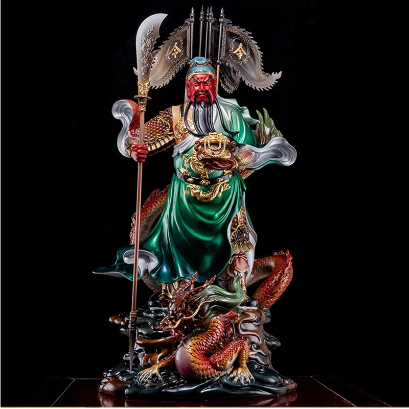 Statue de fortune Guan Yu, dragon d'équitation en laiton pur
