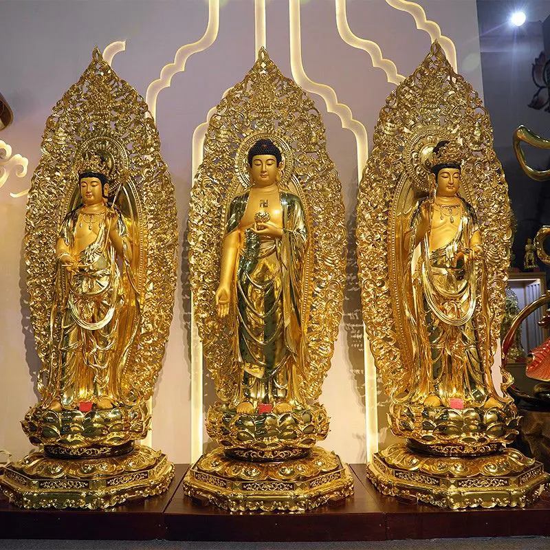 Statue de Bouddha des Trois Saints occidentaux en cuivre pur