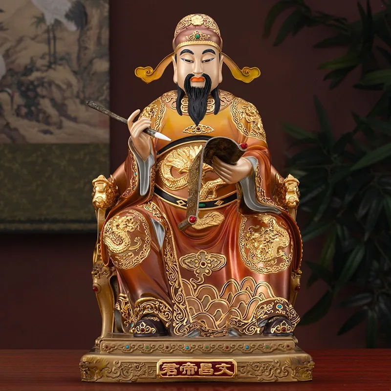 Statue de Wenchang peinte en laiton massif et incrustée d'or